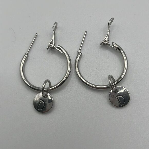 Choice of Silver-tone 1-in Hoops with Dangling Initial Charm (A-Z) - Picture 9 of 11